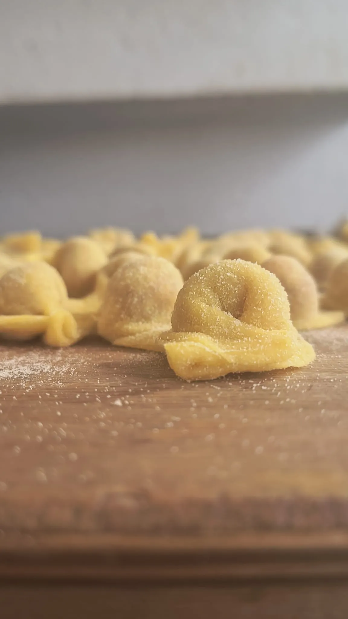 Tortelli freschi appena fatti, allineati sul piano di lavoro