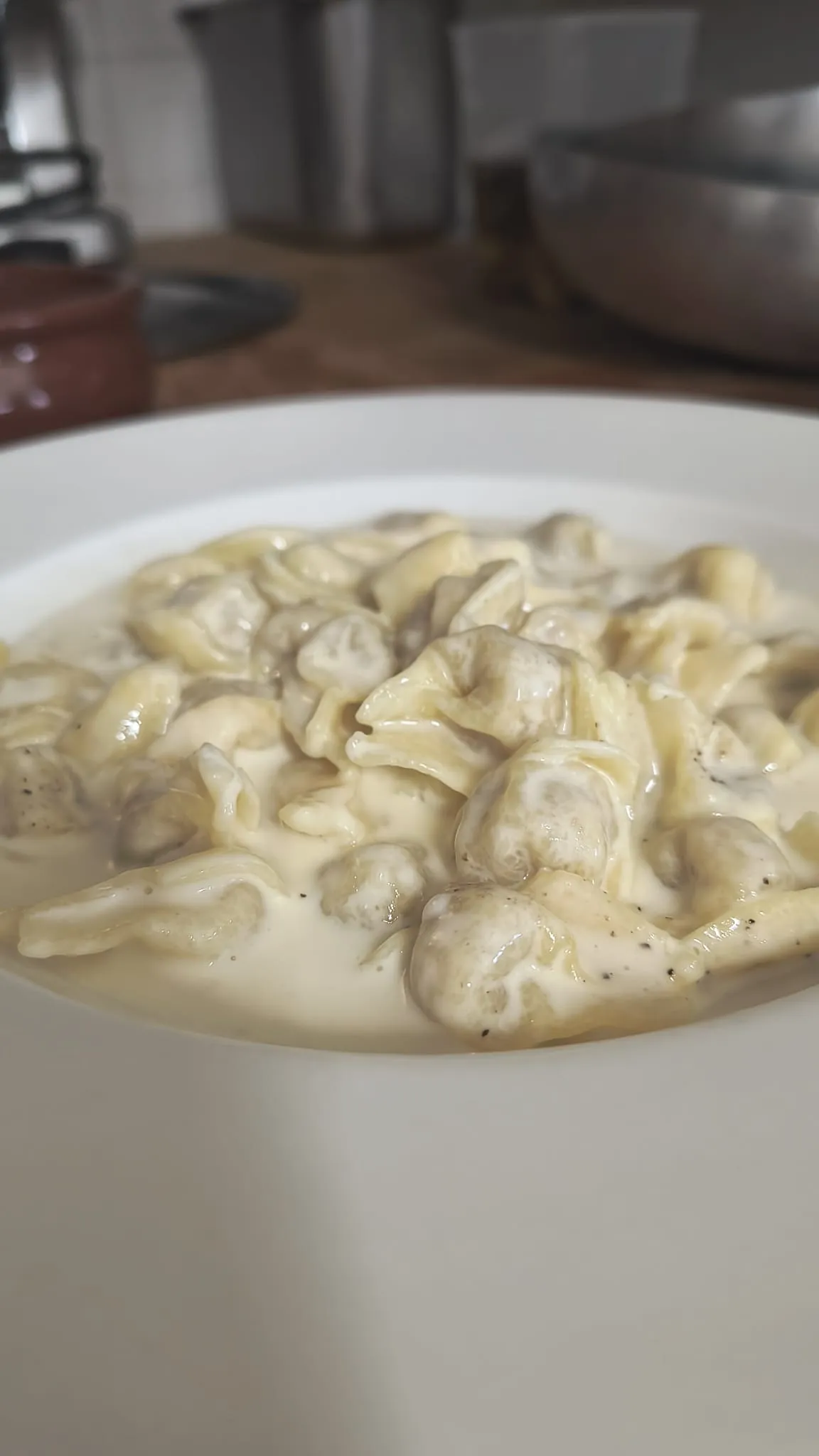 Tortelli in crema in un piatto bianco
