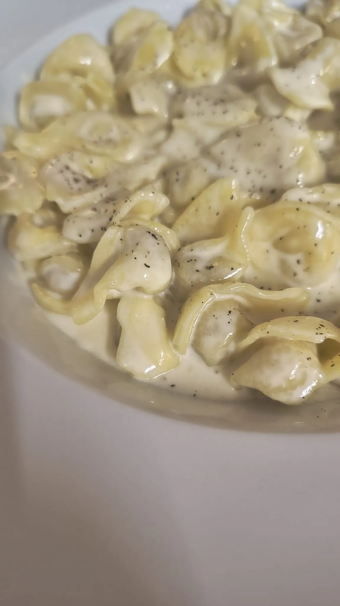 Primo piano di tortelli in crema con pepe nero